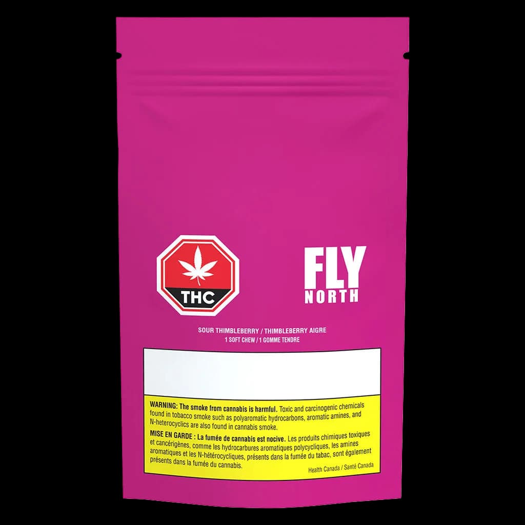 FLY NORTH Sour Thimbleberry soft chews package, 1.5g THC edible with Health Canada warning label on magenta pouch
