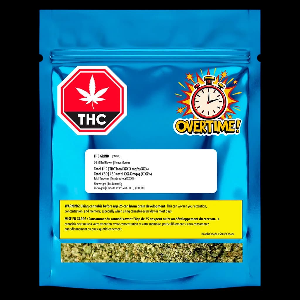 The Grind 5g dried flower cannabis strain in blue packaging with THC warning label and Health Canada warning