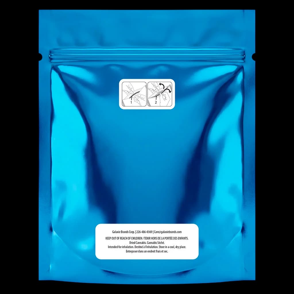 Overtime The Grind dried cannabis flower in bright blue resealable pouch with child-resistant seal instructions
