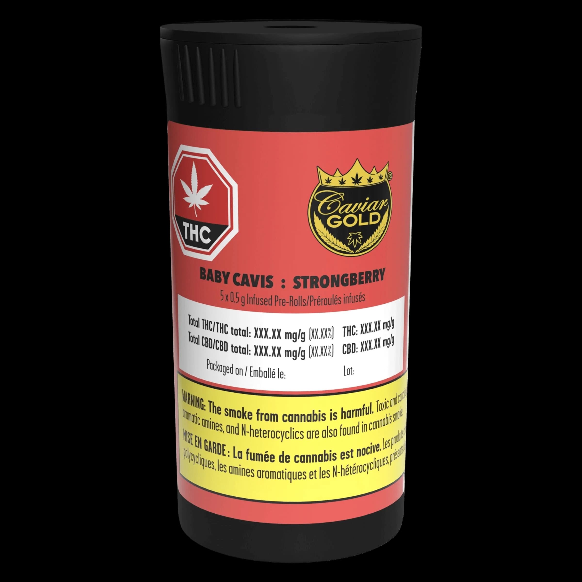 Caviar Gold Baby Cavis Strongberry 5x0.5g infused pre-rolls pack with red and black cylinder packaging