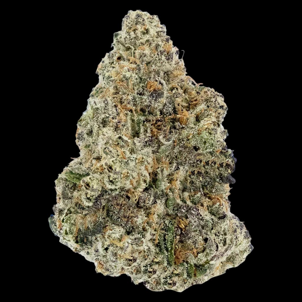 Cannabis dried flower bud with dense white trichomes, green and purple tones, and orange pistils, on white background