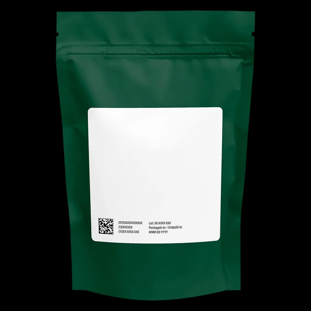 Green stand-up pouch of cannabis dried flower with blank white label showing barcode and lot and packaged-on fields