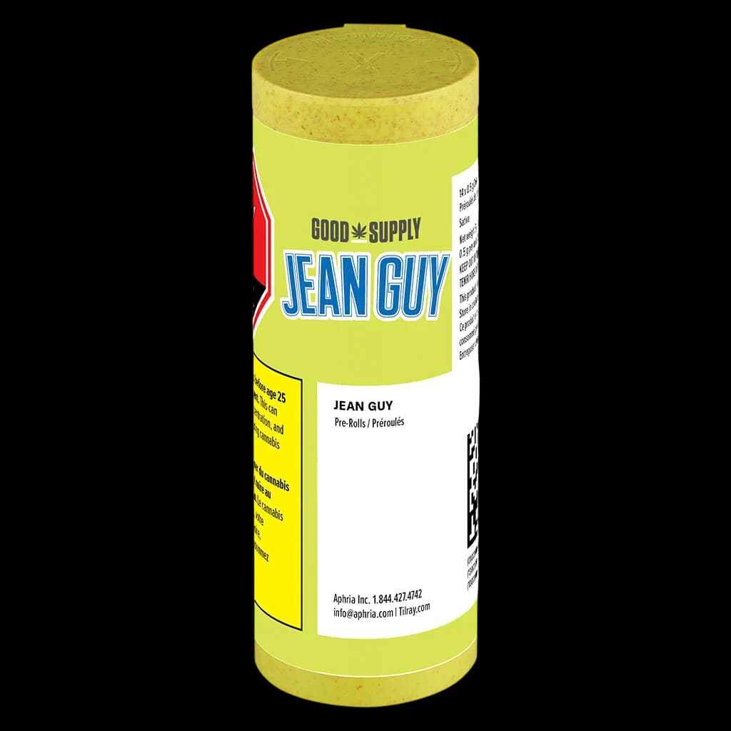 Pré-roulés Jean Guy de Good Supply dans un tube cylindrique jaune avec bouchon style liège et marquage du produit