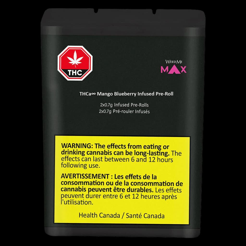 Emballage de préfoulé infusé THCa Mangue Myrtille Weed Me Max, 2x0,7g, avec symbole d'avertissement THC rouge et étiquette d'avertissement jaune de Santé Canada sur pochette noire