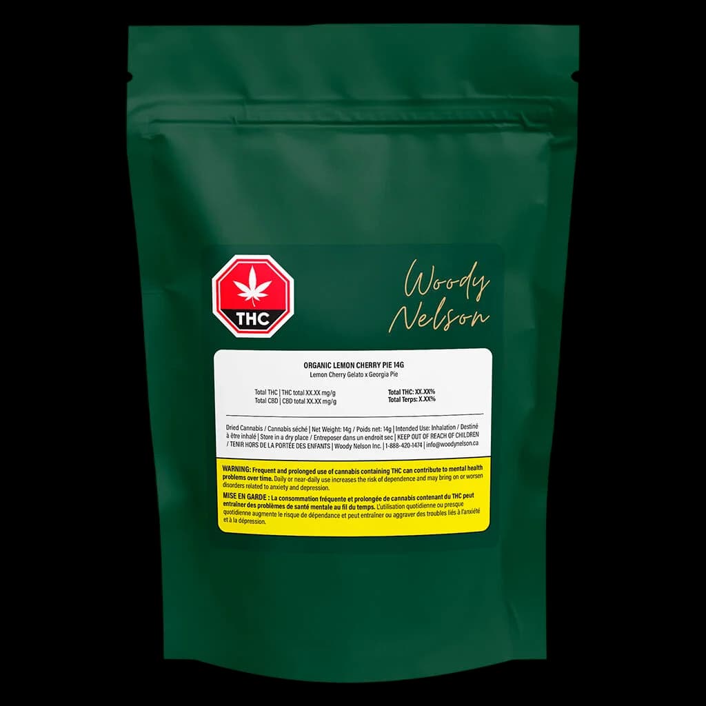 Woody Nelson Organic Lemon Cherry Pie dried cannabis flower in dark green resealable pouch with red THC warning symbol and yellow Health Canada warning label