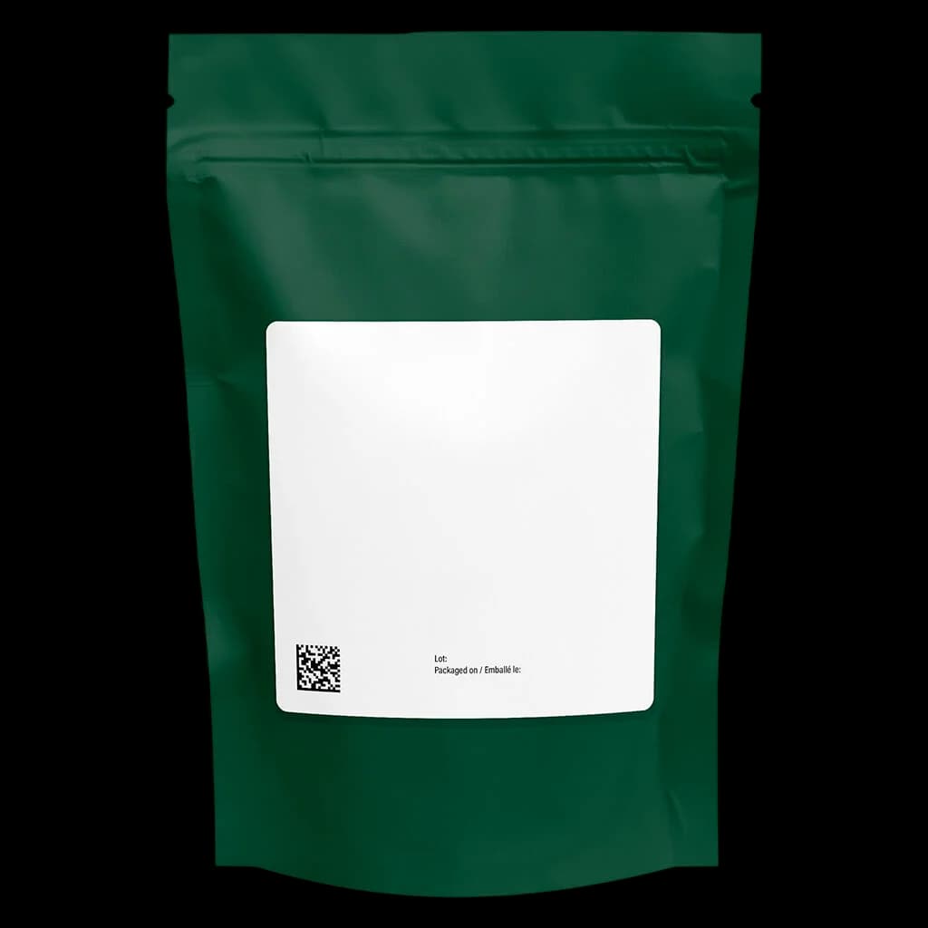 Fleur séchée biologique Lemon Cherry Pie de Woody Nelson, 3,5 g, dans une pochette refermable vert foncé avec étiquette blanche et code QR