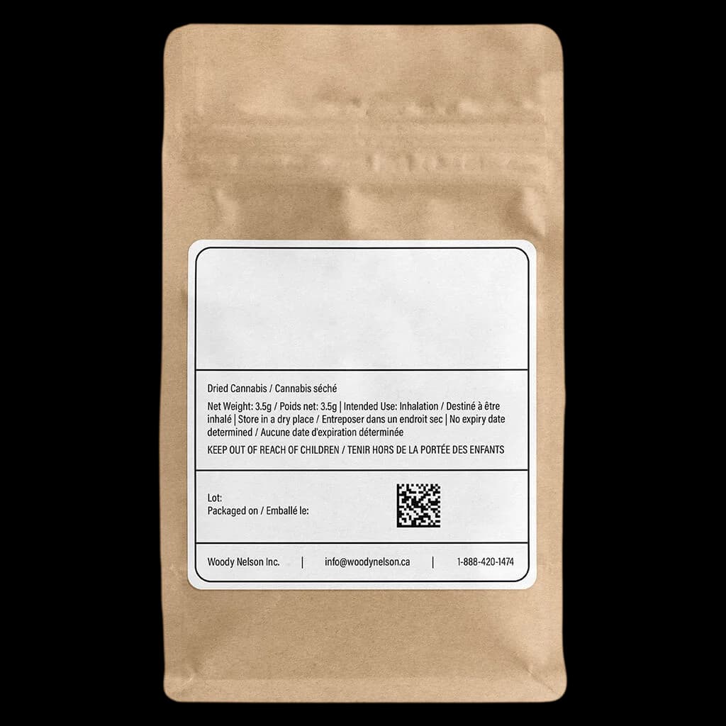 Fleur de cannabis séchée Lemon Cherry Pie biologique de Woody Nelson, 3,5 g, dans un sachet kraft avec étiquette réglementaire