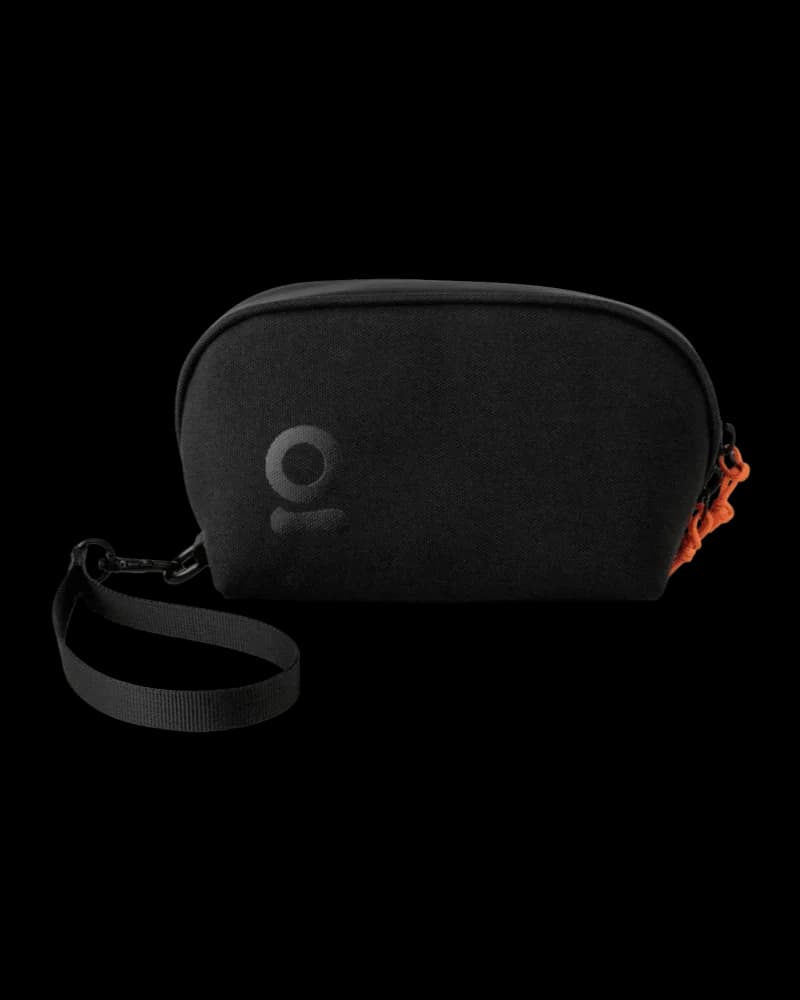 ONGROK smell-proof wrist bag in black neoprene with adjustable wrist strap and orange carabiner clip