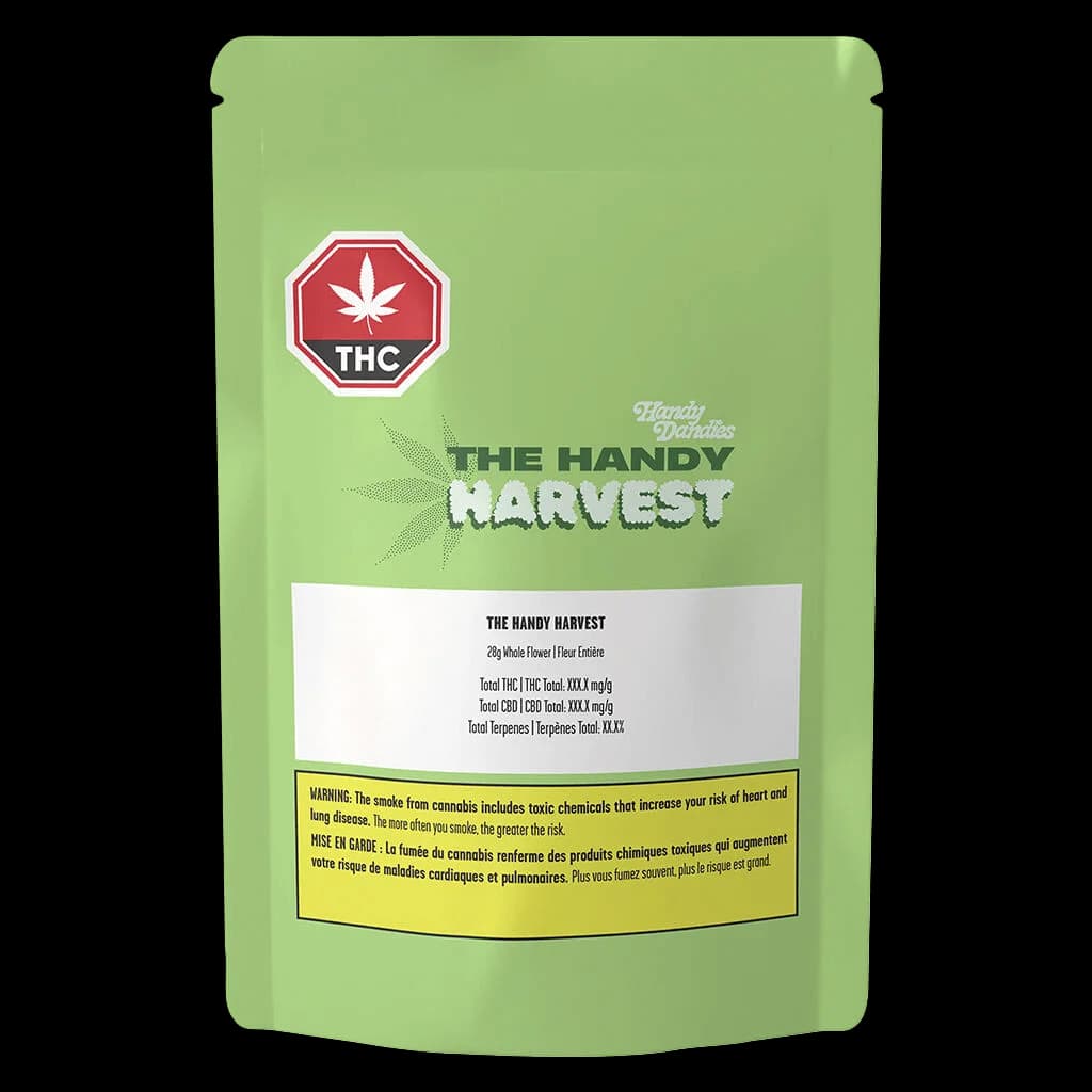 La pochette de cannabis en fleurs séchées The Handy Harvest, 28 g, emballage vert avec symbole d'avertissement THC et étiquette d'avertissement de Santé Canada