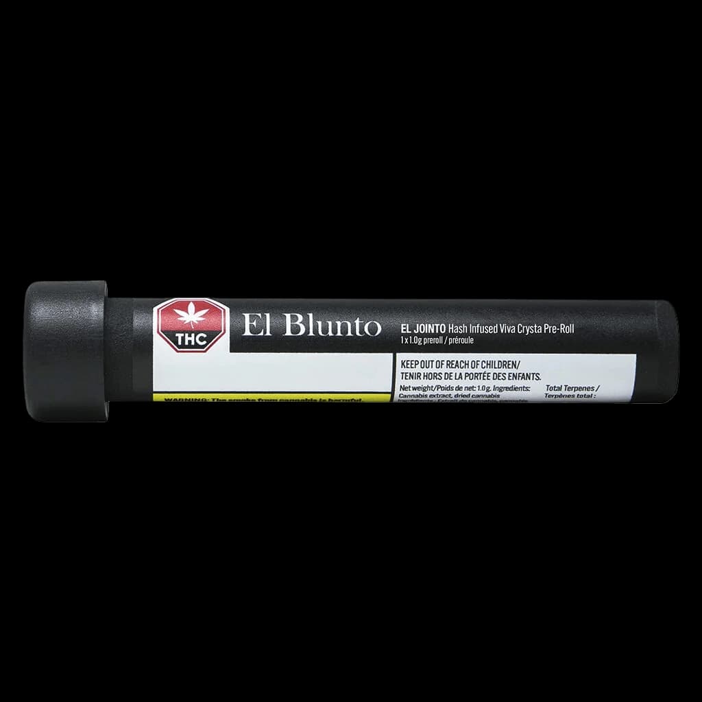 Pré-roulé El Jointo infusé au haschich Viva Crystal d'El Blunto, 1 x 1,0 g dans un emballage tubulaire noir avec étiquette d'avertissement THC