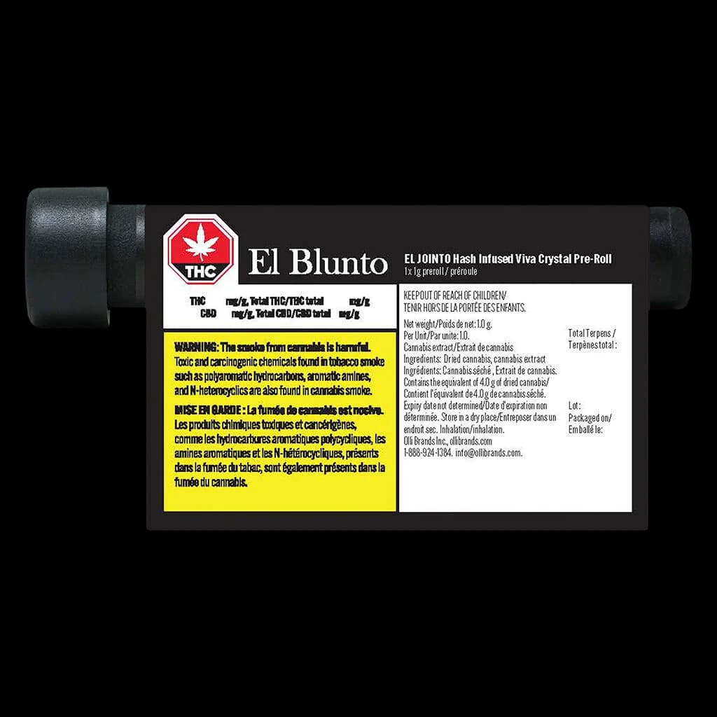 El Blunto El Jointo pré-roulé Viva Crystal infusé au haschich, 1 g, avec logo THC rouge et étiquette d'avertissement jaune de Santé Canada sur emballage noir