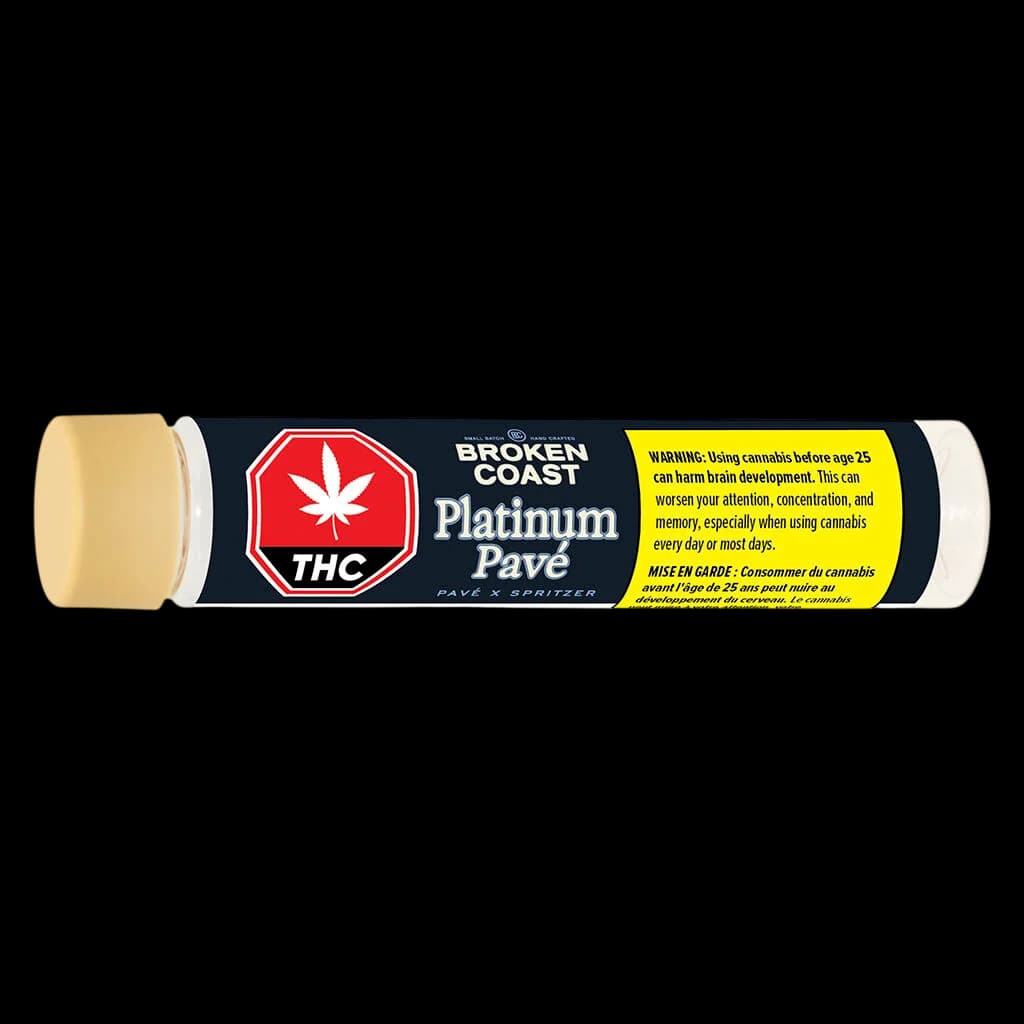 Broken Coast Platinum Pavé pre-roll blunt with black and red packaging, yellow Health Canada warning label visible