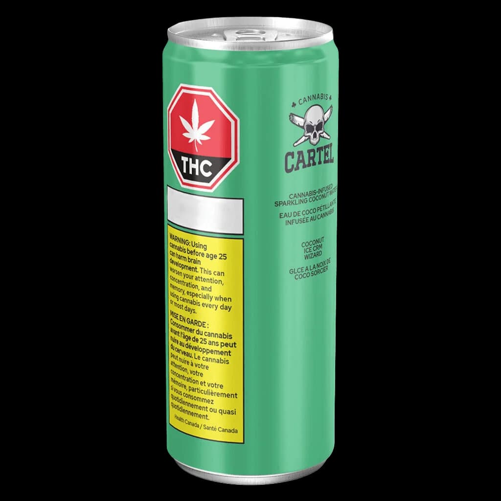 Cannabis Cartel Coconut Ice Crm Wizard cannabis-infused sparkling beverage in green aluminum can with THC warning label