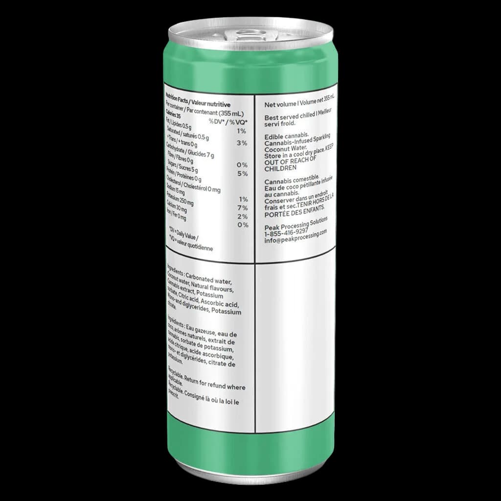 Cannabis Cartel Coconut Ice Crm Wizard Soda 355mL can with green and white label showing nutrition facts and bilingual warnings