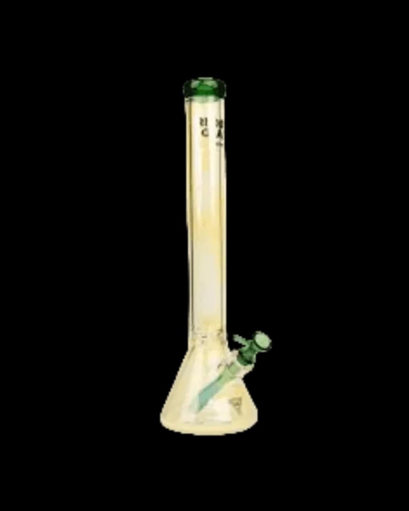 Red Eye Tek colour-changing beaker tube bong with 7mm thick glass, green accents, and side carb hole on white background