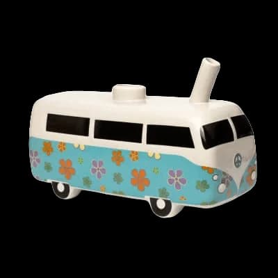 Pipe à cannabis en céramique en forme d'autobus rétro turquoise et crème avec motif floral et détails de roues