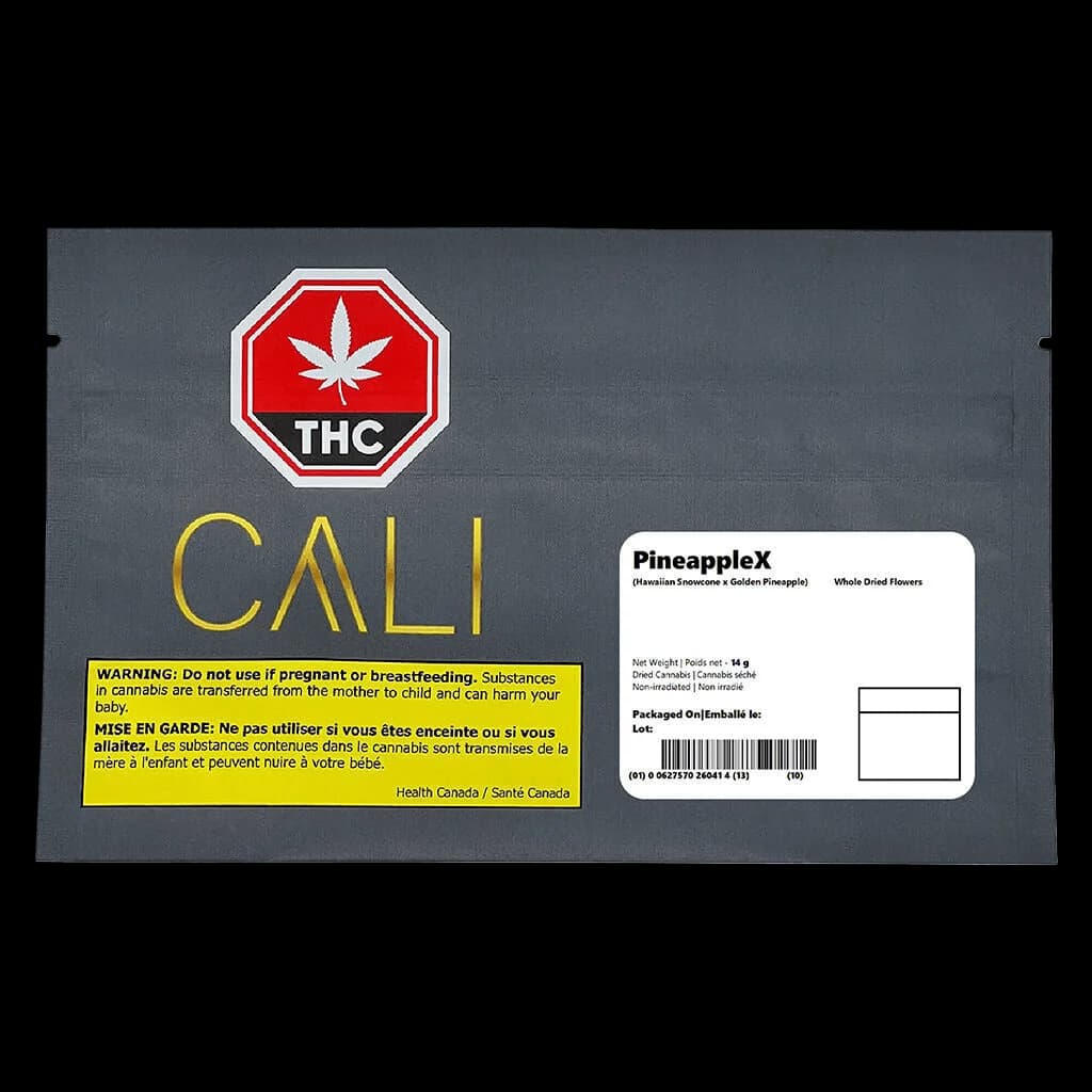 CALI PineappleX 14g dried cannabis flower package with THC warning symbol and Health Canada warning label on dark pouch