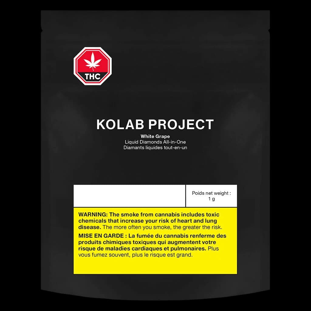 Kolab Project White Grape Liquid Diamonds All-in-One cannabis concentrate, 1g, with red THC warning symbol and yellow Health Canada warning label on black packaging