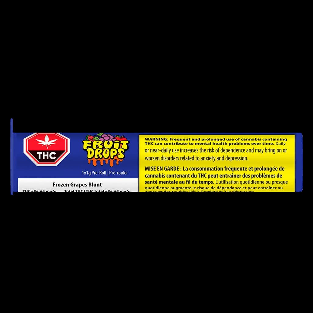 Fruit Drops Frozen Grapes Blunt 1x1g pre-roll package with THC warning label and Health Canada bilingual health warning