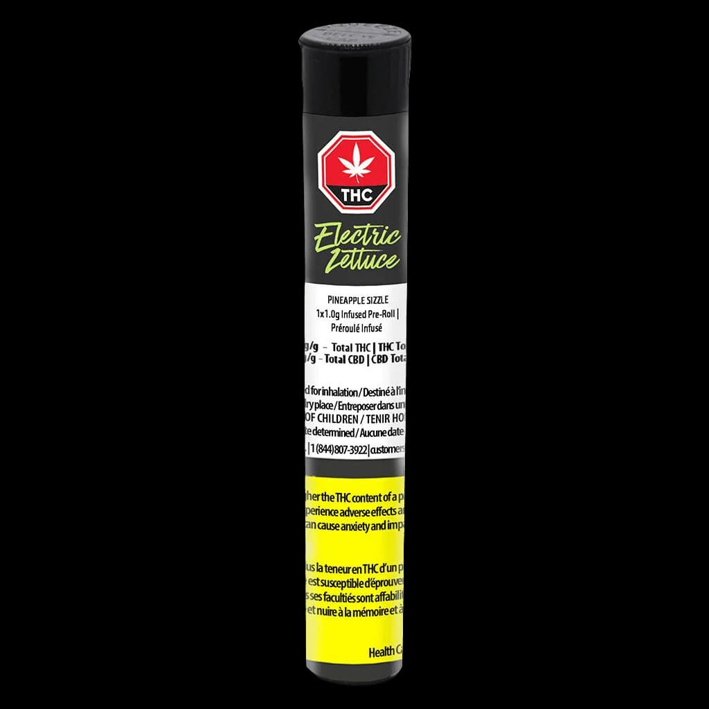 Electric Lettuce Pineapple Sizzle 1x1.0g infused pre-roll tube with black cap and yellow Health Canada warning label