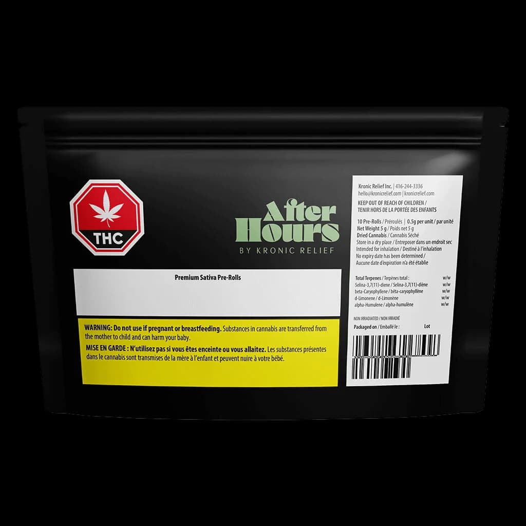 After Hours Jamaican Dream Premium Sativa Pre-Rolls, 10-pack, 0.5g per unit, black pouch with red THC warning symbol and yellow Health Canada warning label