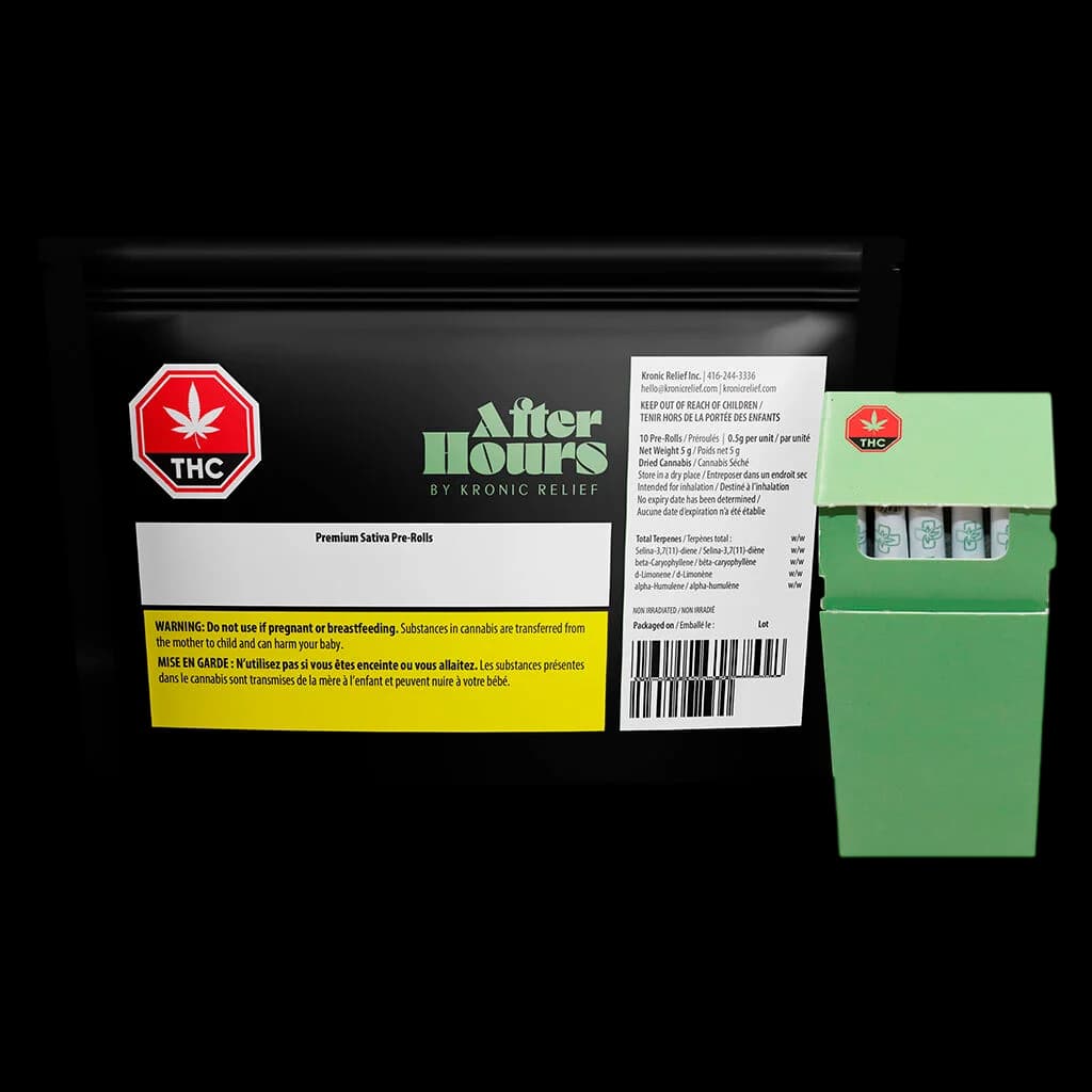 After Hours Jamaican Dream premium sativa pre-rolls 10-pack with green box displayed beside black pouch packaging