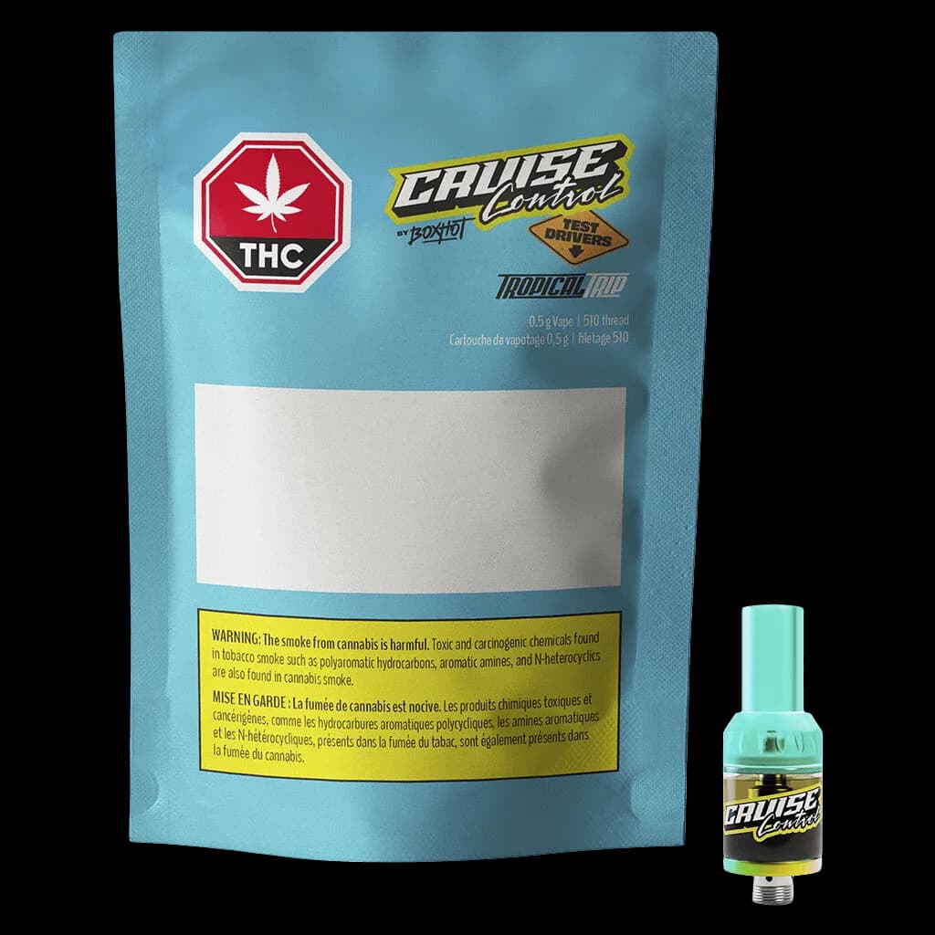 Cruise Control Test Drivers Tropical Trip 0.5g cannabis vape cartridge with packaging and mint-capped 510 thread cart