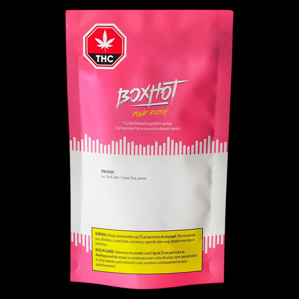 Boxhot Pink Kush Liquid Diamond Charged all-in-one vape with 1.0g cannabis vape cartridge, pink packaging with THC symbol