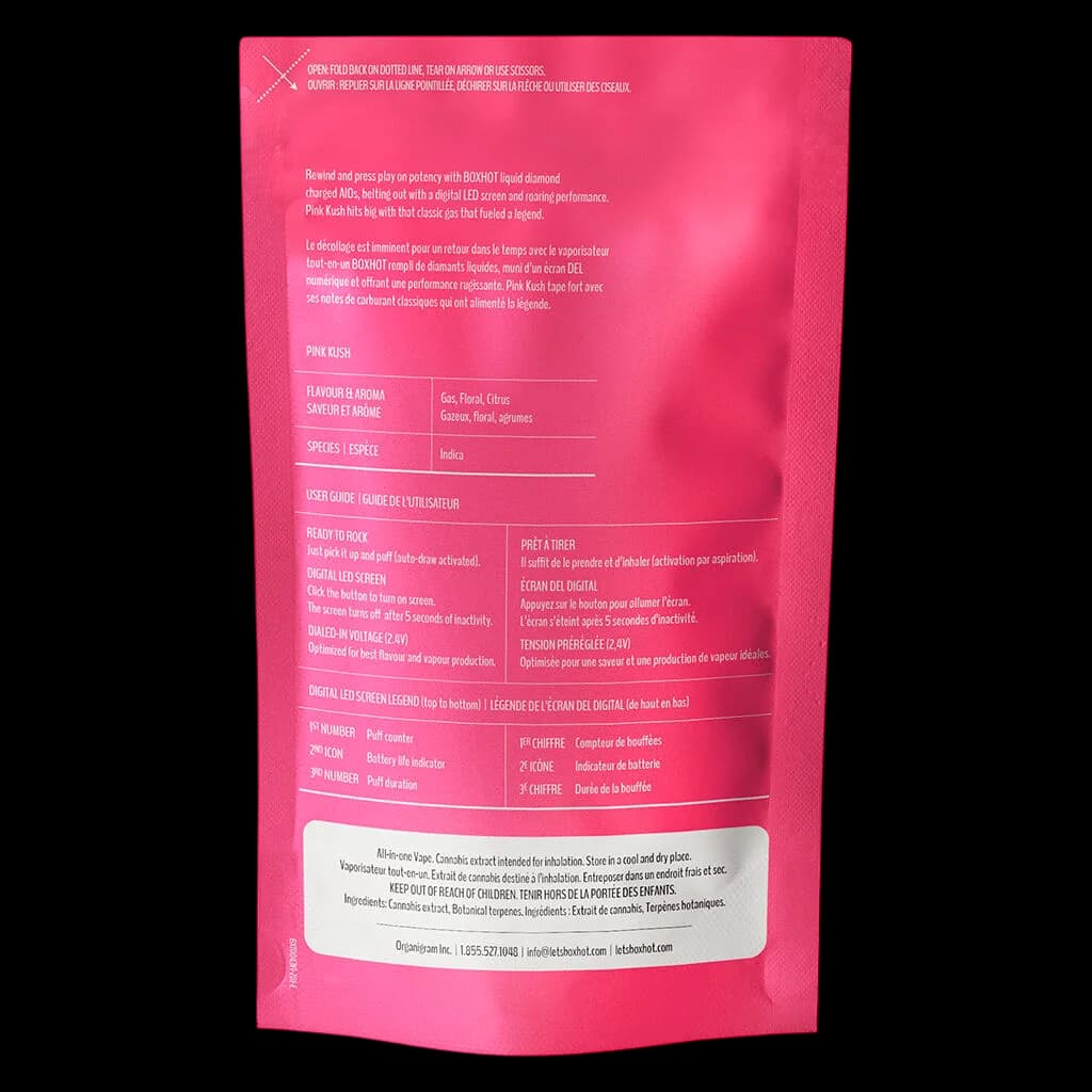BOXHOT Pink Kush Liquid Diamond Charged all-in-one vape pen packaging rear with bilingual usage instructions and specifications