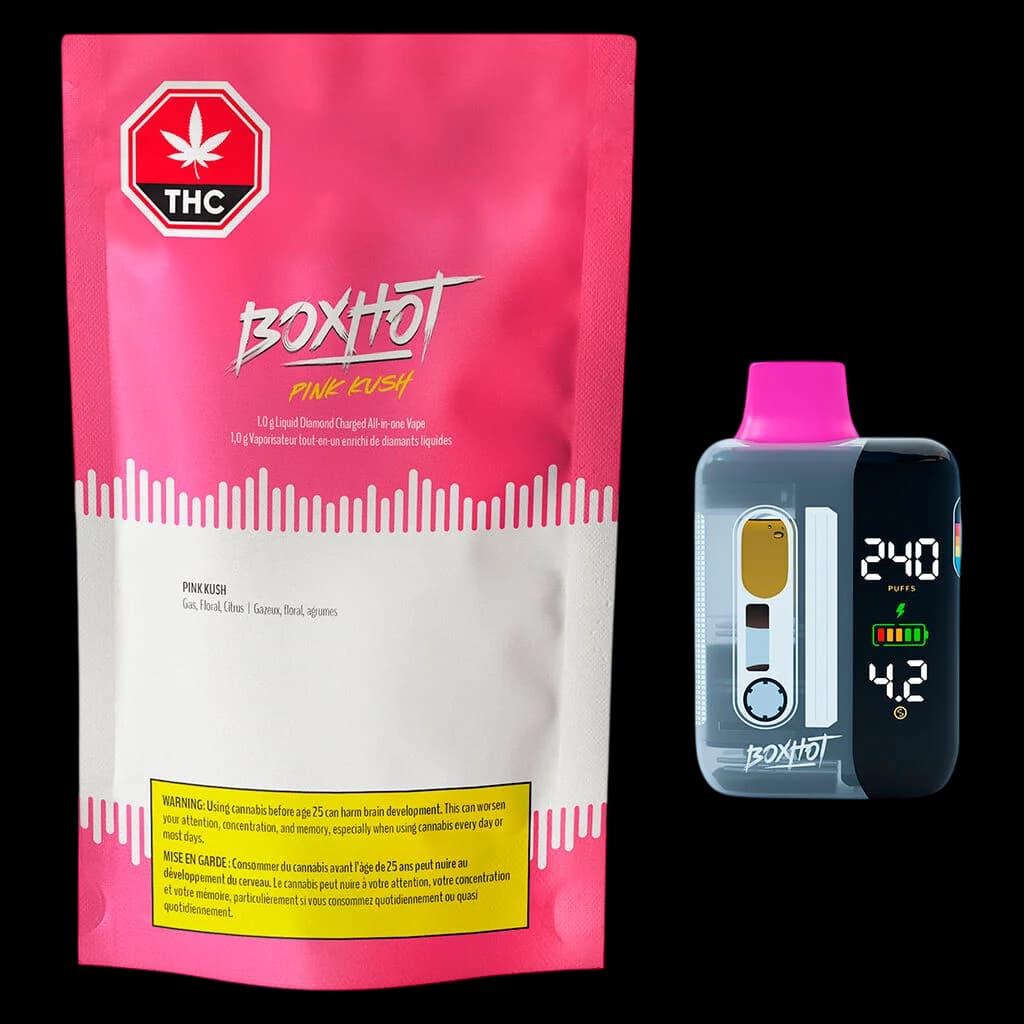 BOXHOT Pink Kush 1.0g Liquid Diamond Charged All-in-One vape with digital display showing 240 puffs and battery indicator