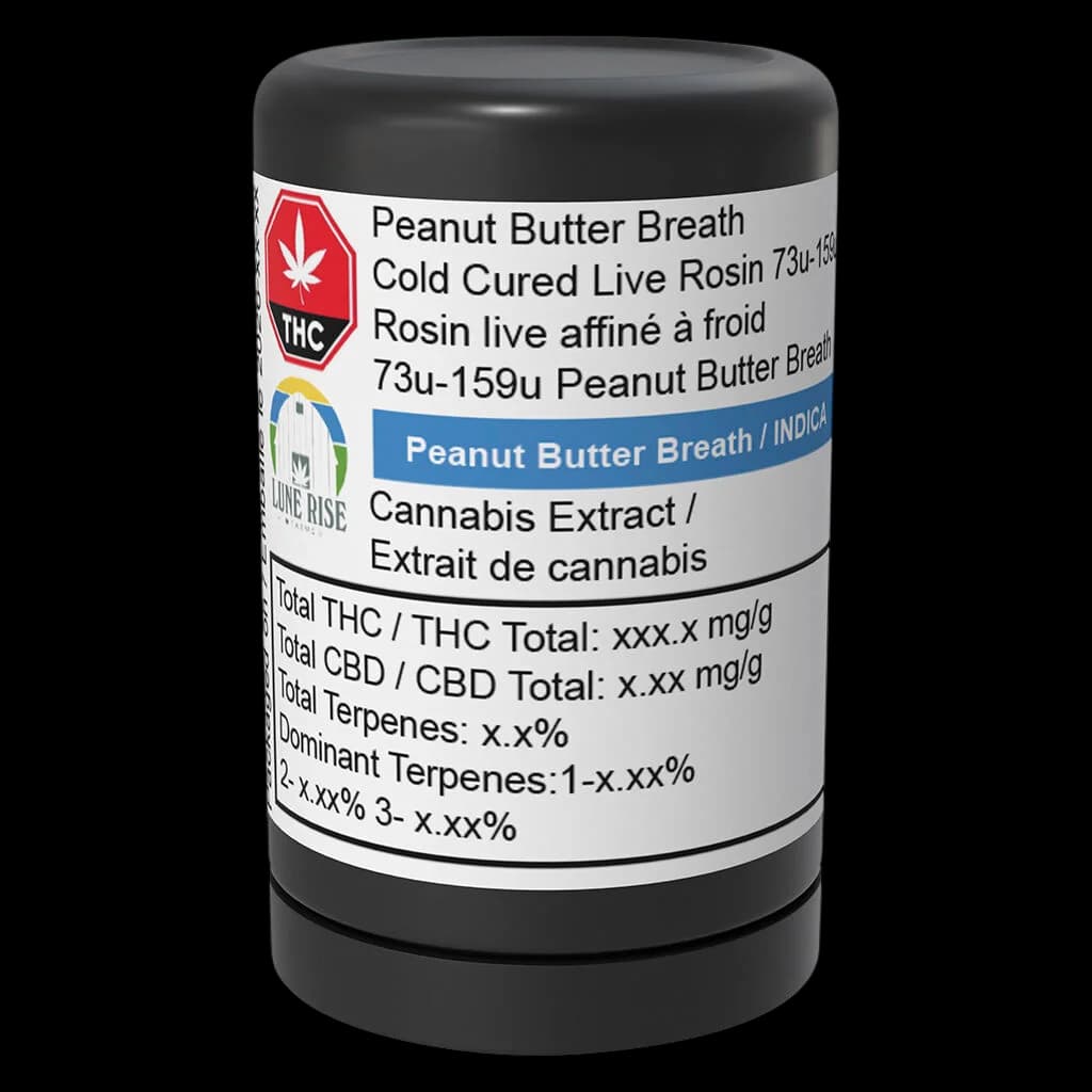 Lune Rise Farms Peanut Butter Breath cold cured live rosin 73u-159u in black jar with product label showing THC and CBD potency information