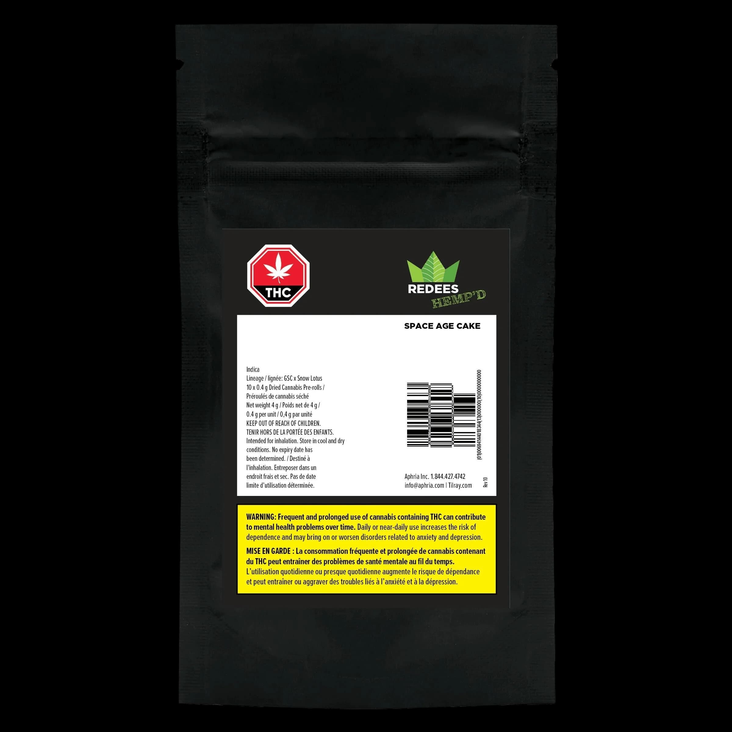 Redecan Space Age Cake pre-roll pack, 10 x 0.4g dried cannabis pre-rolls, black pouch with red THC warning symbol and product label