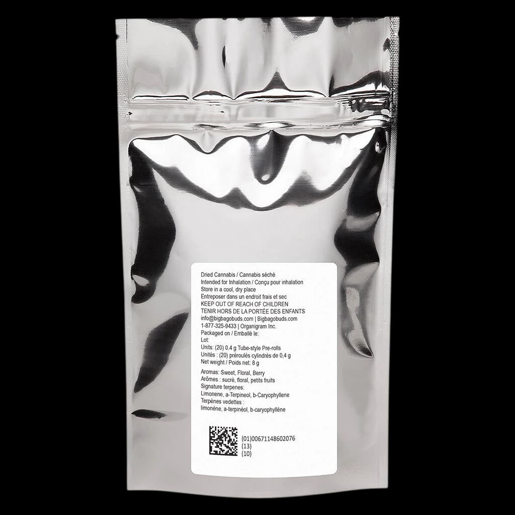 Big Bag O' Buds Blueberry Dream tube-style pre-rolls, 20-pack, 8g net weight with sweet floral berry aroma profile