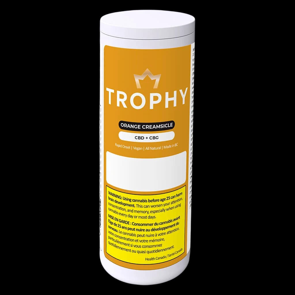 Trophy Orange Creamsicle CBD + CBG soft chews package with orange and white label, Health Canada warning label visible