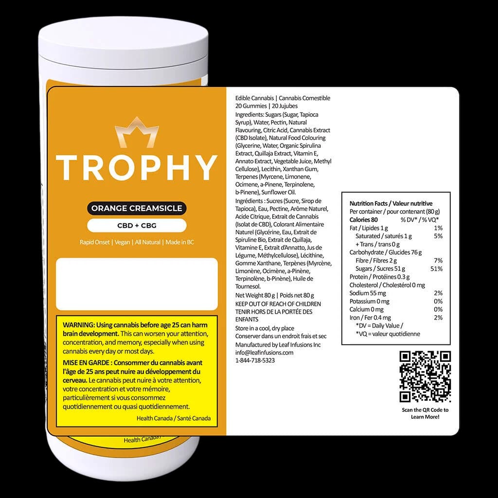 Trophy Orange Creamsicle CBD+CBG gummies, 20-pack, with nutrition facts and Health Canada warnings visible on packaging