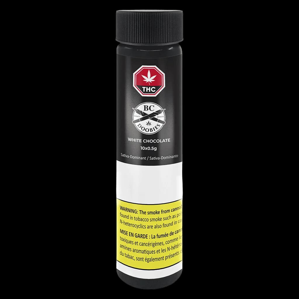 Paquet de pré-roulés BC Doobies White Chocolate, 10x0,5g, produit de cannabis à dominance sativa avec symbole d'avertissement THC rouge