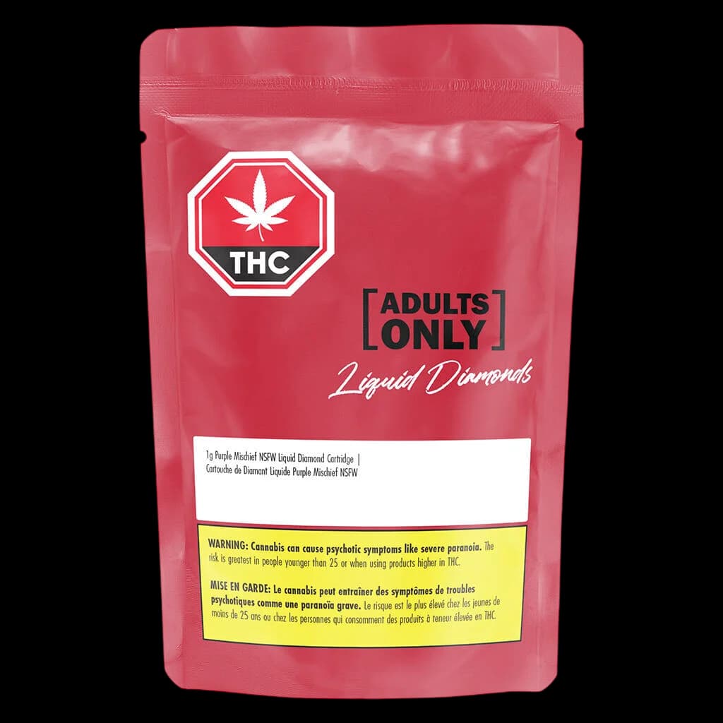 Purple Mischief NSFW Liquid Diamond cartridge 1g in red packaging with THC warning symbol and Health Canada label