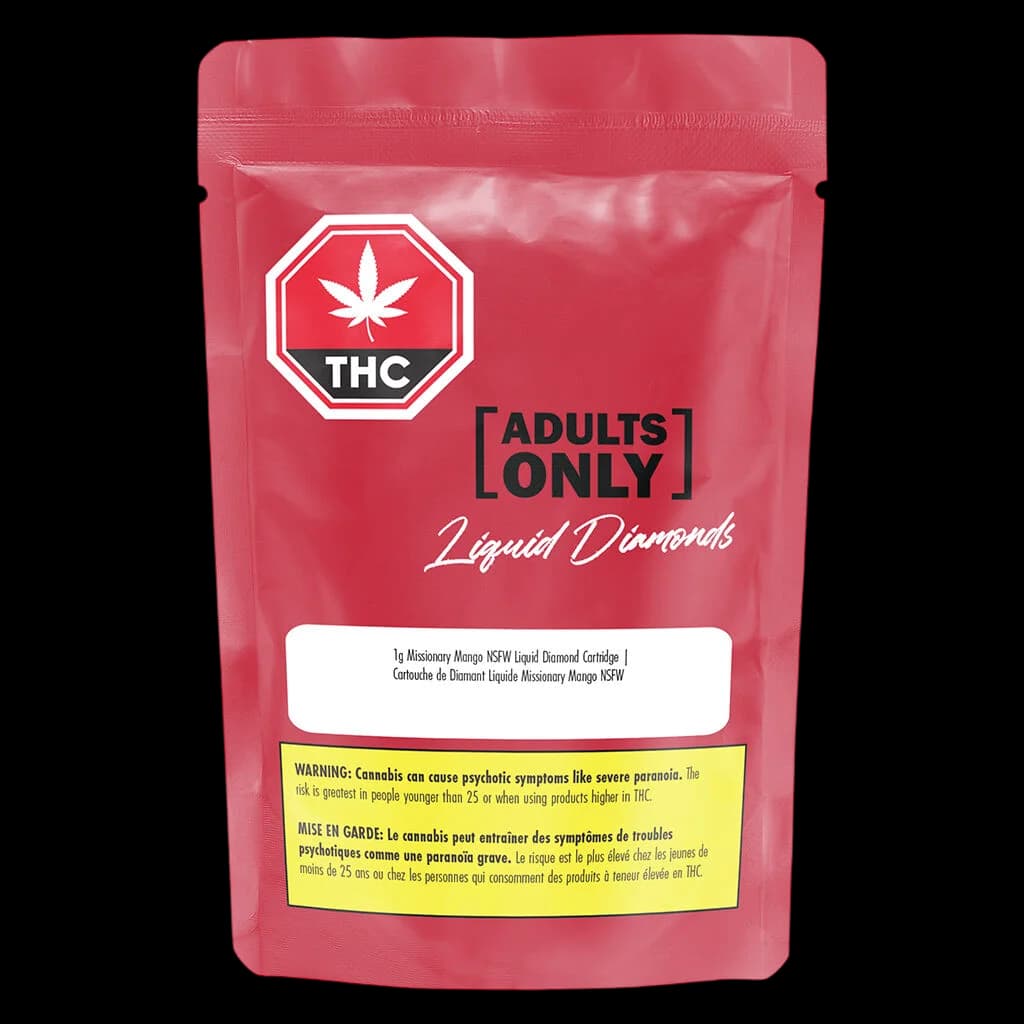 Missionary Mango NSFW 1g Liquid Diamond cannabis vape cartridge package front with red THC warning symbol and yellow Health Canada warning label