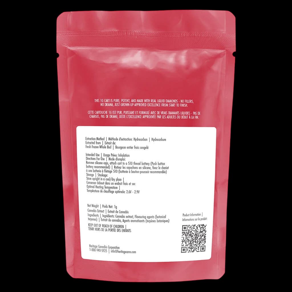 Adults Only Missionary Mango NSFW Liquid Diamond 510 thread cartridge in pink packaging with bilingual product information and QR code