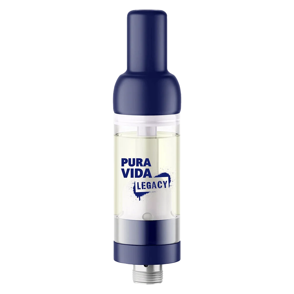 Pura Vida Legacy 510 thread vape cartridge with navy blue cap and clear chamber containing pale yellow cannabis concentrate