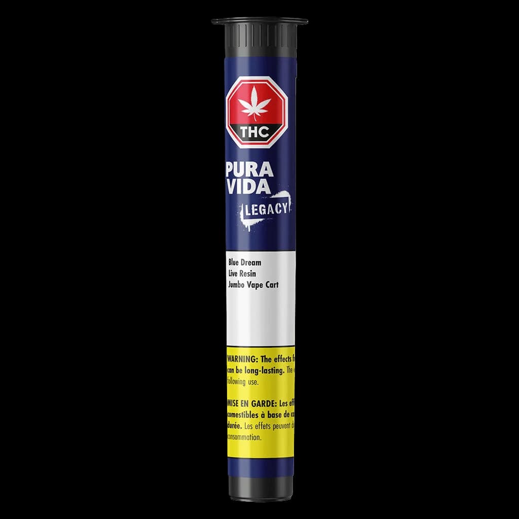Pura Vida Legacy Blue Dream Live Resin Jumbo vape cartridge with THC warning symbol, white and yellow Health Canada label