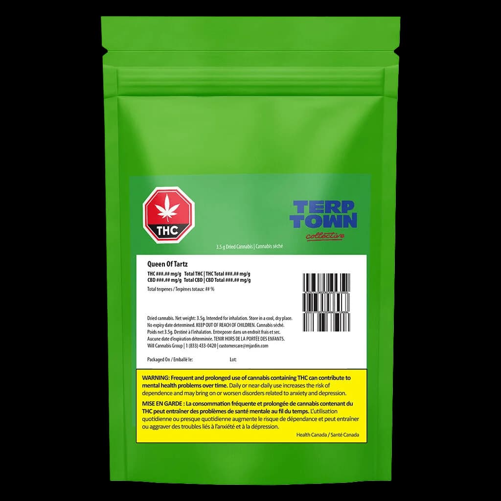 Terp Town Collective Queen of Tartz 3.5g dried cannabis flower package with green pouch, red THC logo, and Health Canada warning label