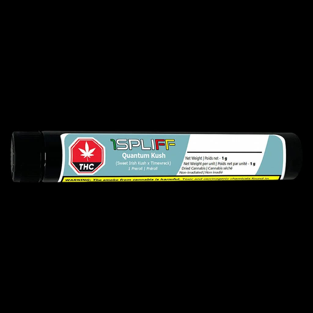 Pré-roulé 1Spliff Quantum Kush, 1 g, avec emballage en tube noir et étiquette de détails sur la variété visible