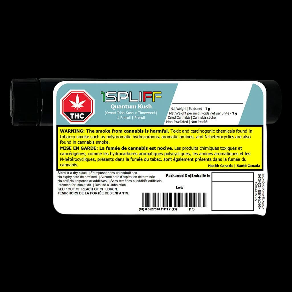 Pré-roulé 1Spliff Quantum Kush, 1 g, avec la génétique Sweet Irish Kush et Timewreck dans un emballage tubulaire noir
