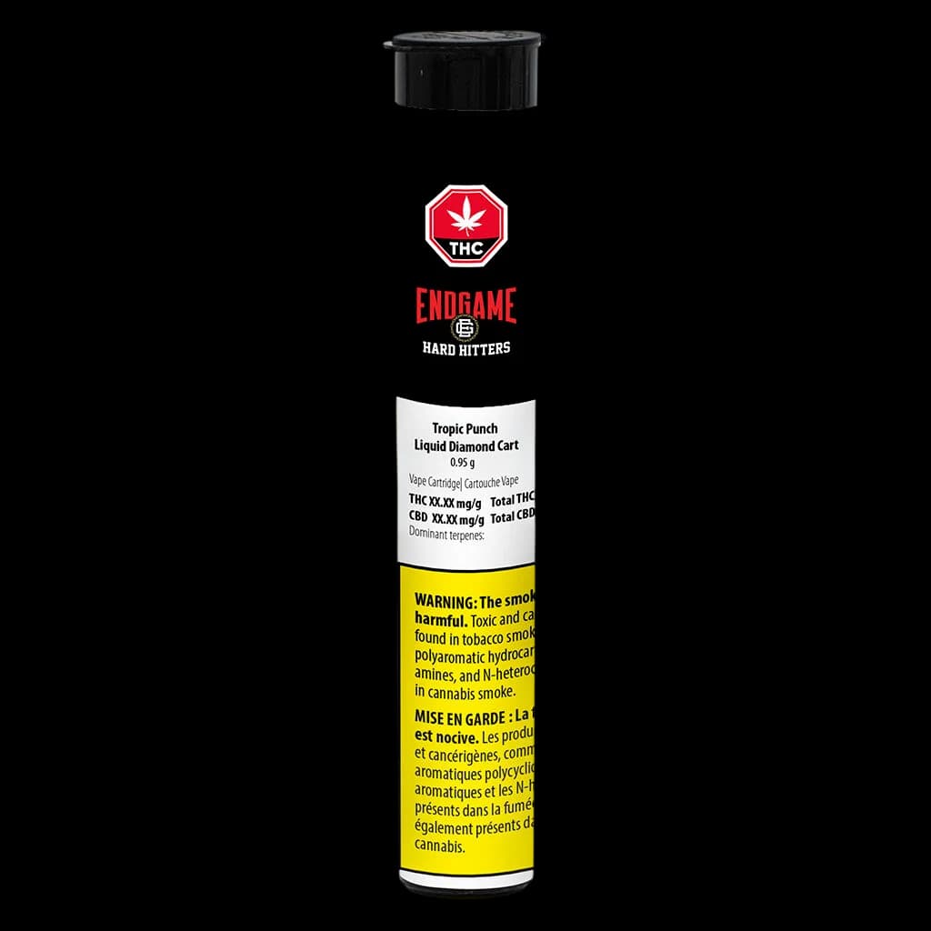 Endgame Hard Hitters Tropic Punch Liquid Diamond Cart 0.95g vape cartridge with black and yellow packaging