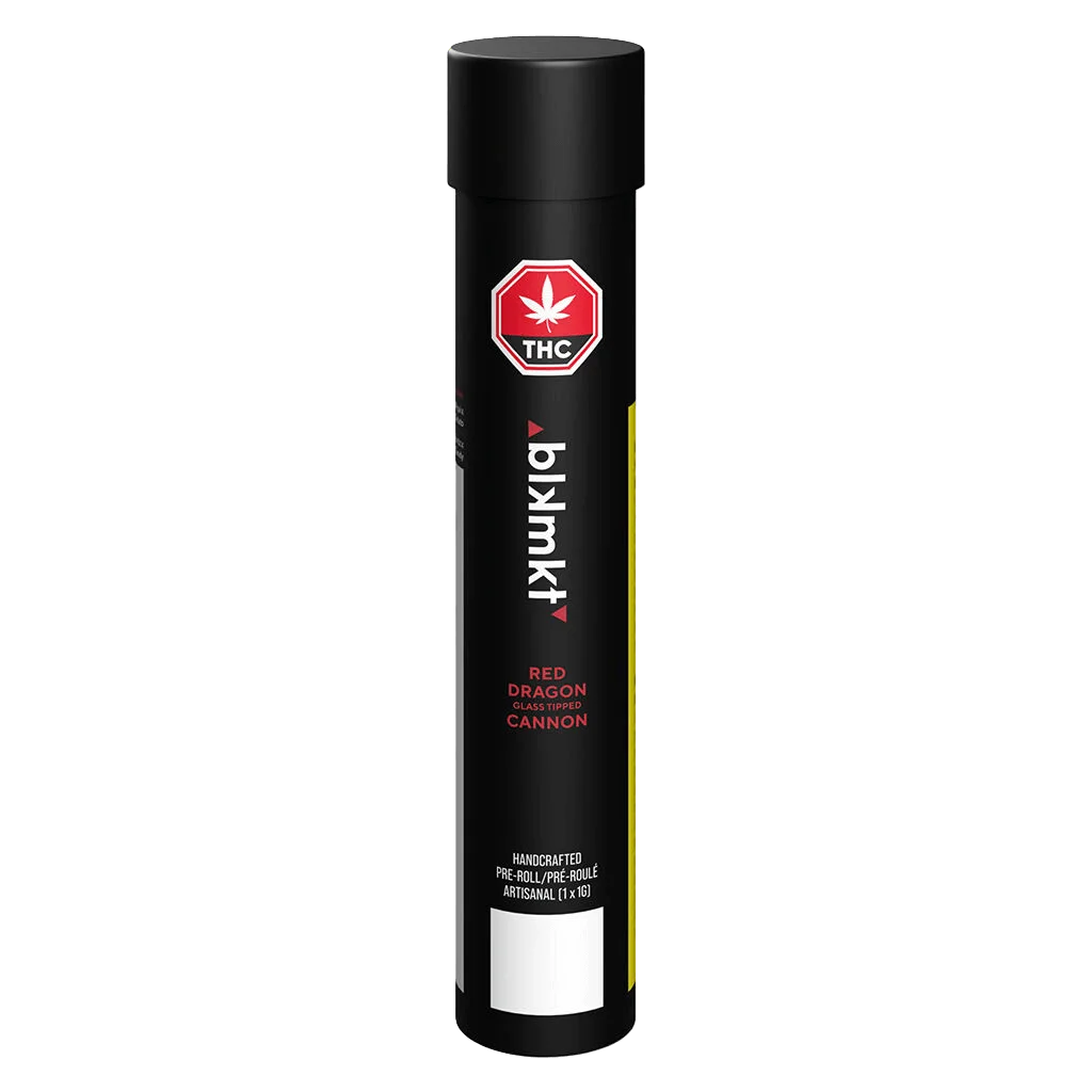 BLK MKT Red Dragon Glass Tipped Cannon pre-roll in black tube packaging with red and gold branding