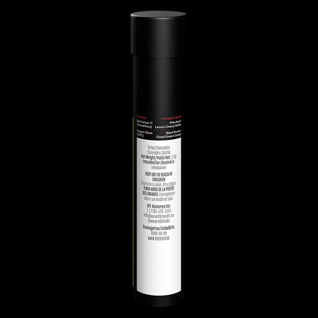 BLK MKT Red Dragon Glass Tipped Cannon pre-roll in black tube packaging with white label showing 1.3g net weight and terpene profile