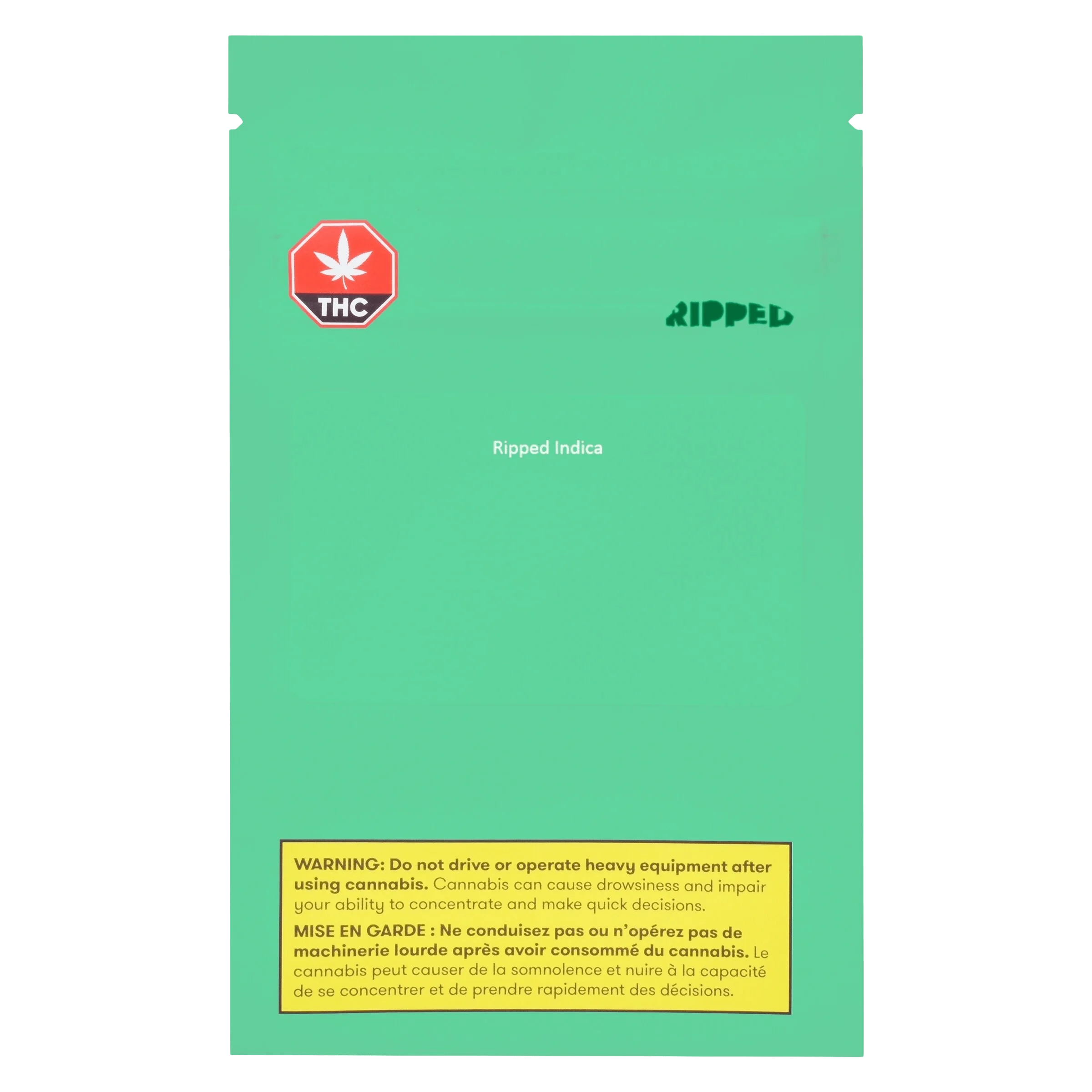 Emballage avant de fleurs séchées de cannabis Ripped Indica avec fond vert menthe, symbole d'avertissement THC et étiquette d'avertissement de sécurité de Santé Canada