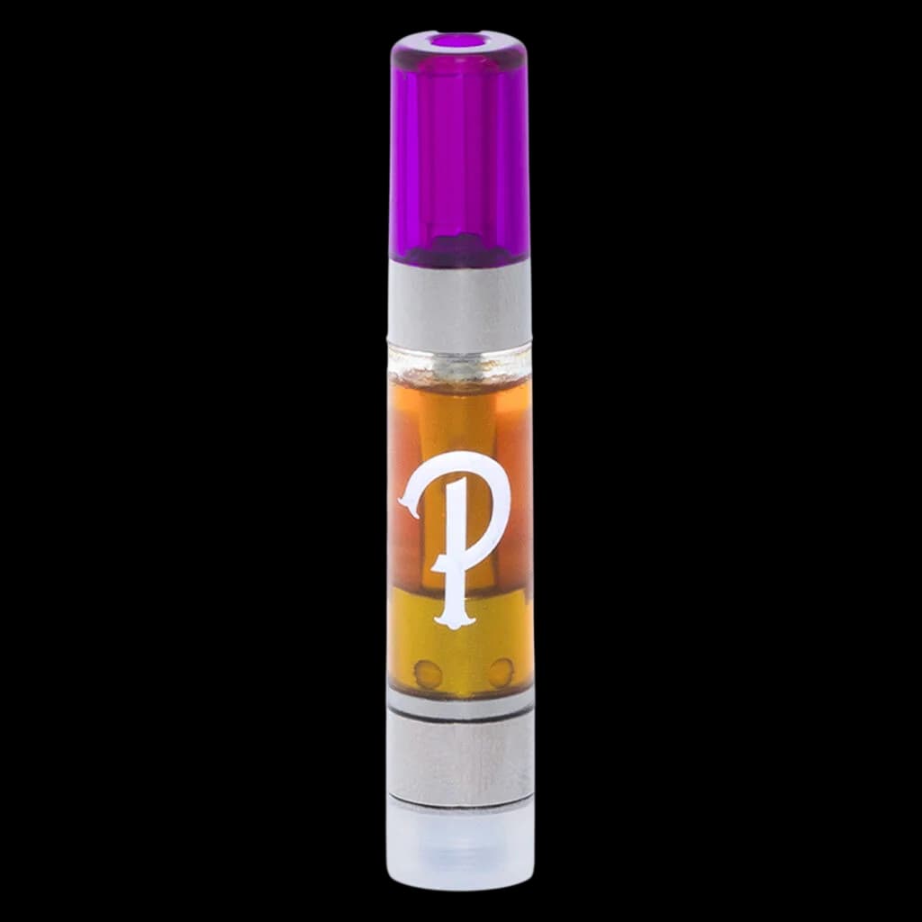 Purple Hills Liquid Diamonds Orangeade 510 thread vape cartridge with golden concentrate visible through glass chamber and purple mouthpiece cap