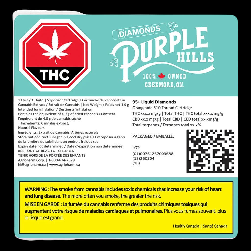 Purple Hills Diamonds Orangeade 510 Thread Cartridge 1.0g vape with THC warning label and regulatory information